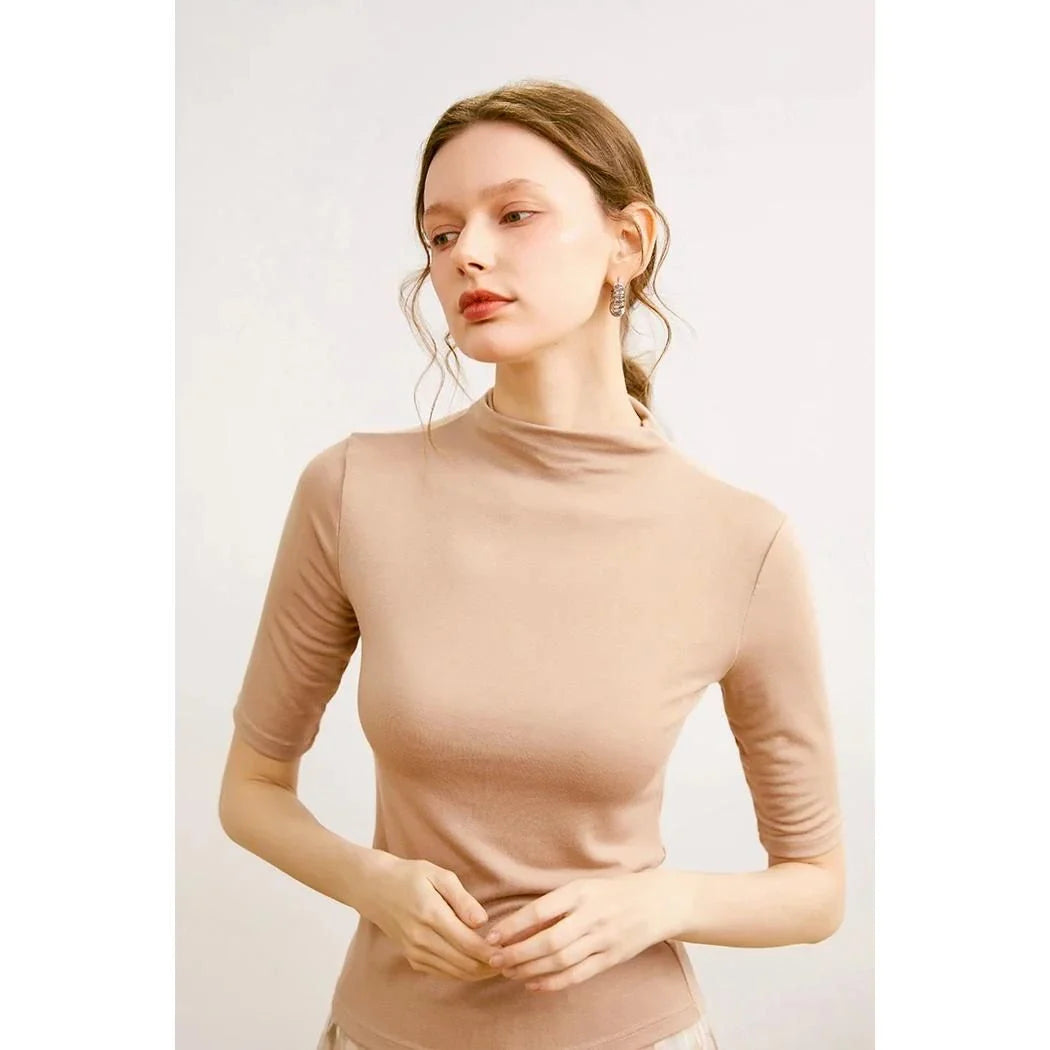 Women's Mock Neck Wool Blend T-Shirt in Pink by Trendha, featuring a sleek silhouette and classic design for elegant, comfortable wear.