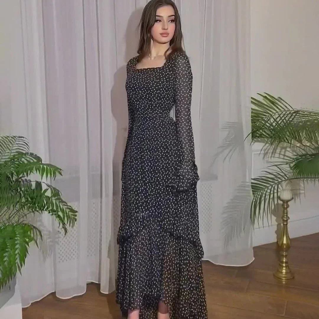Elegant chiffon polka dot dress with flattering lotus leaf sleeves