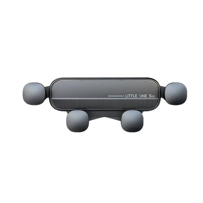 Gravity-powered car phone holder with air vent mount, securely holding a smartphone in place