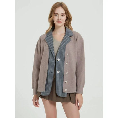 Autumn Elegance Patchwork Knit Cardigan in Khaki color, with a classic turn-down collar and double-breasted closure