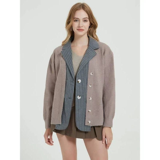Autumn Elegance Patchwork Knit Cardigan in Khaki color, with a classic turn-down collar and double-breasted closure