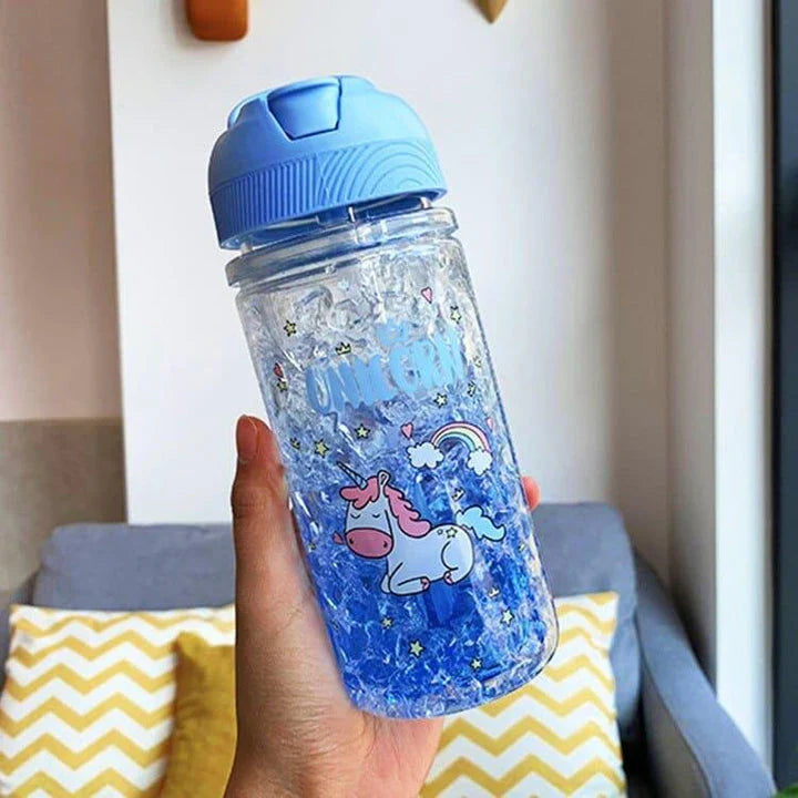 A reusable water bottle with a vibrant unicorn print design and dual straw feature, perfect for on-the-go hydration and adding a touch of whimsy to your day.