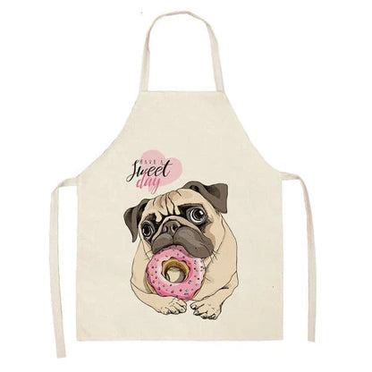 Charming pug-themed apron with a vibrant print, made of durable cotton and linen materials for practical kitchen use.