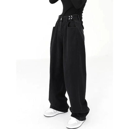 A pair of high-waist black jeans with a relaxed wide-leg design, perfect for effortless style and comfort.