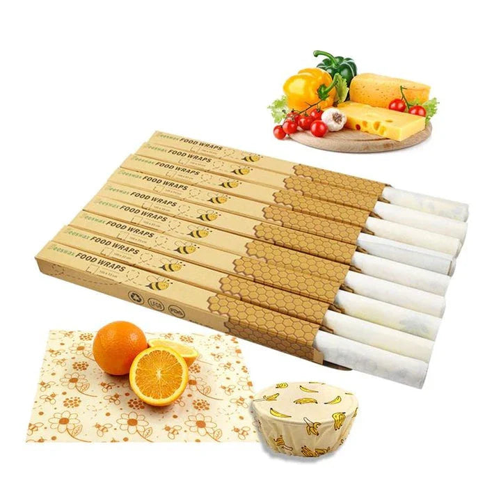 Reusable beeswax food wrap film in a variety of floral patterns, including yellow, green, beige, and white