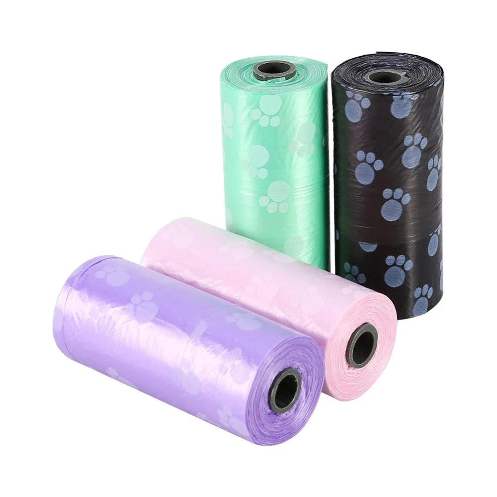 Premium pet paw printed poop bags in green color with a convenient roll format and 150 total bags