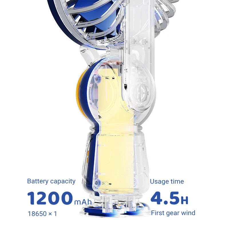 A compact, portable USB-rechargeable hand fan with three speed settings for efficient and quiet cooling.