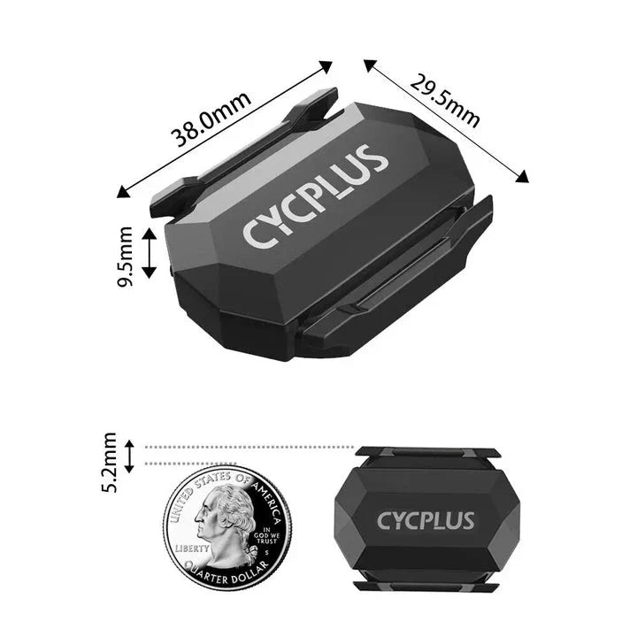 Dual-mode cadence and speed sensor for cycling, featuring Bluetooth and ANT+ connectivity, waterproof design, and extended battery life.