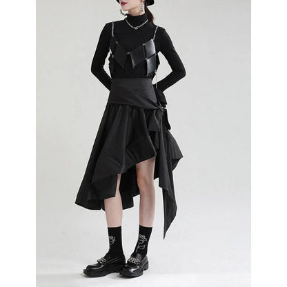 A black high-waist asymmetrical ruffle skirt with a unique design and flattering silhouette.