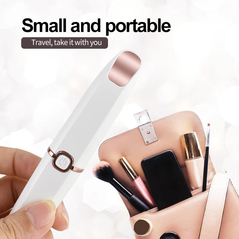 2-in-1 cordless lipstick-style eyebrow trimmer and face shaver in white color, with charging cable and cleaning brush