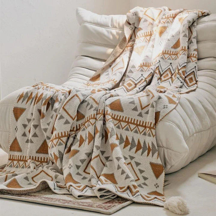 Cozy boho geometric cotton knitted blanket with a soft, breathable design perfect for warm summer nights