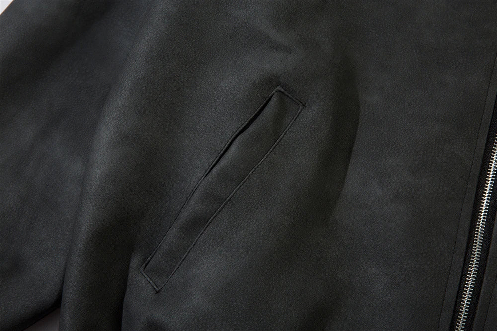 Fashionable Loose PU Leather Jacket with Star Embroidery Design in Black and Gray Green Colors