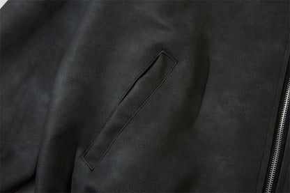 Fashionable Loose PU Leather Jacket with Star Embroidery Design in Black and Gray Green Colors