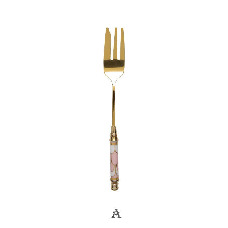 Elegant gold-plated dessert fork with intricate ceramic handle design