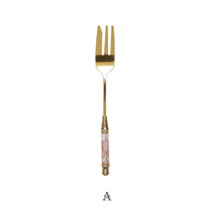 Elegant gold-plated dessert fork with intricate ceramic handle design