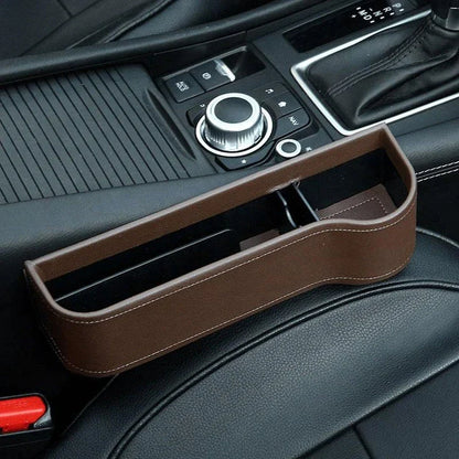Multifunctional Car Seat Organizer with dedicated slots for phones, chargers, drinks, and cards, featuring a stylish polyurethane leather design.