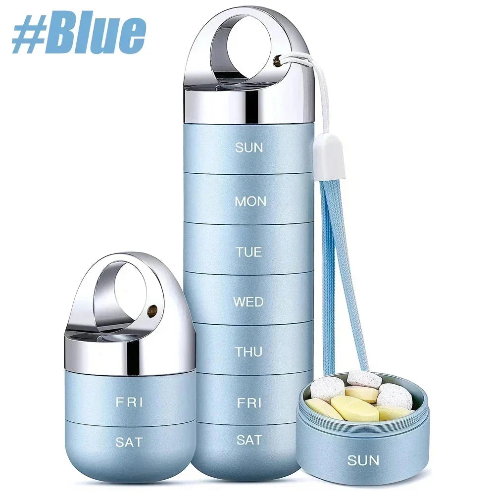 A high-quality, waterproof metal weekly pill box organizer with spacious compartments for managing medications on the go