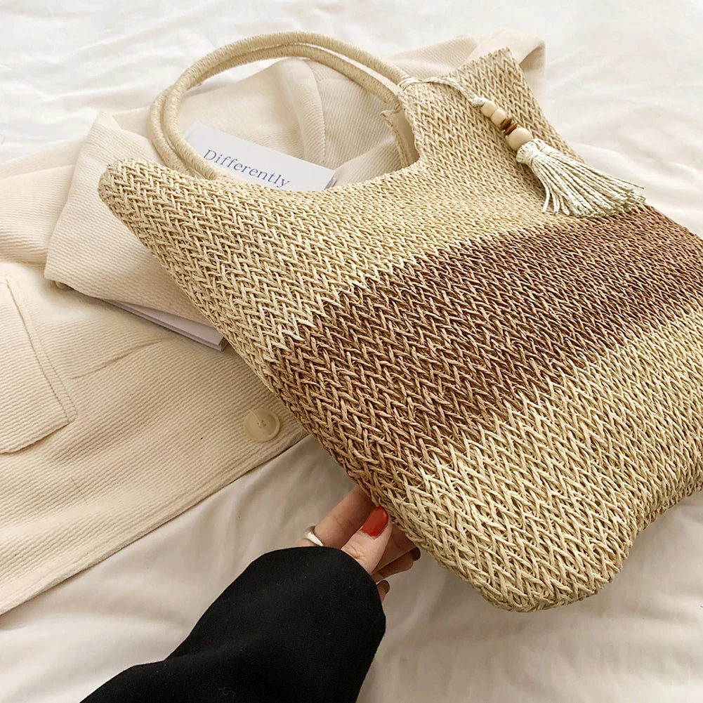 Boho Chic Summer Woven Tote Bag with Tassels - Eco-friendly and Spacious Design for Stylish Summer Adventures