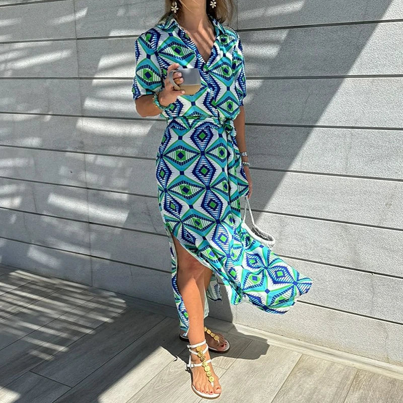 Stylish Printed Blouse Collar Bohemian Mid-Length Dress in Sky Blue with A-Line Silhouette and Geometric Pattern