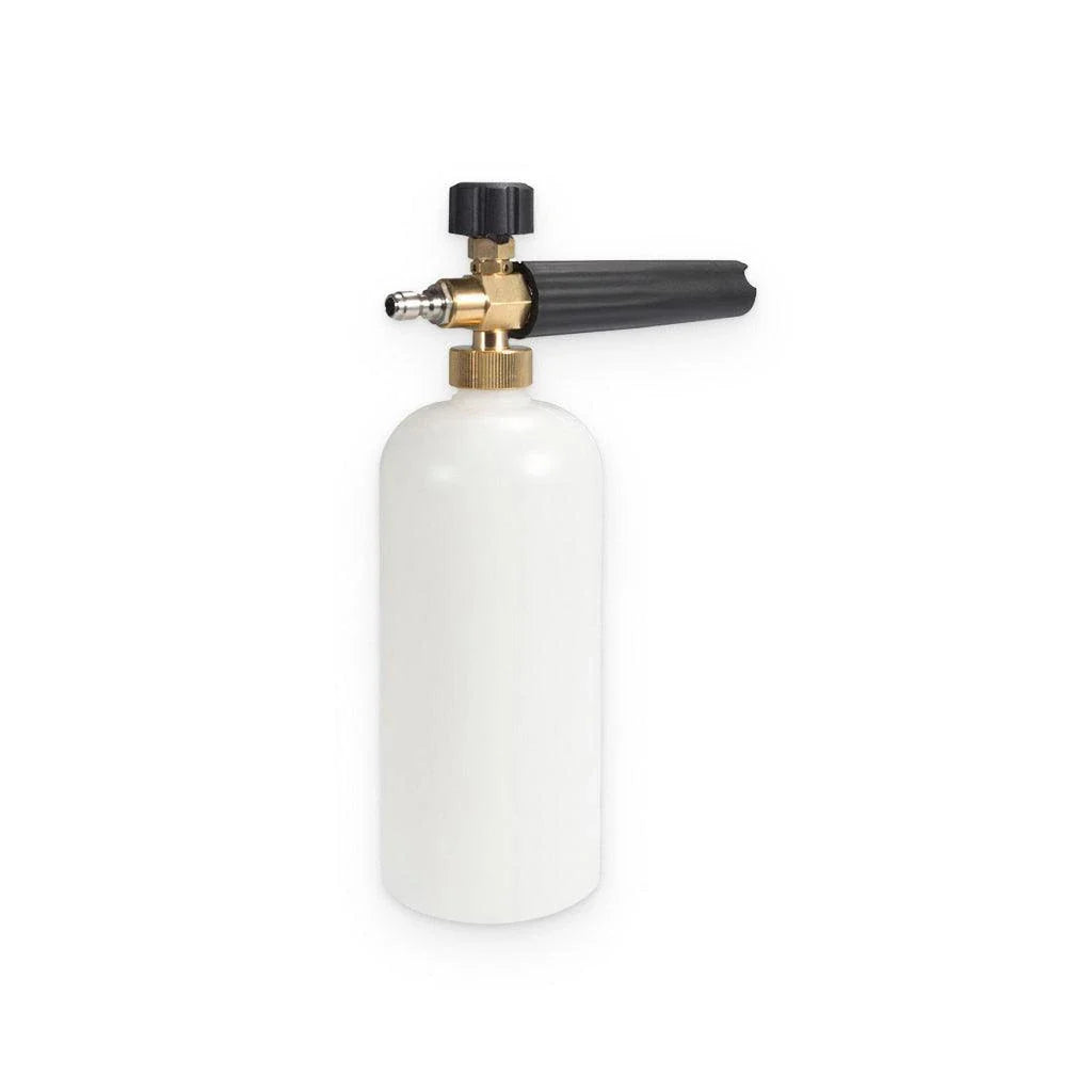 A compact, plastic car wash foam-generating tank with a copper connector to attach to a standard garden hose.