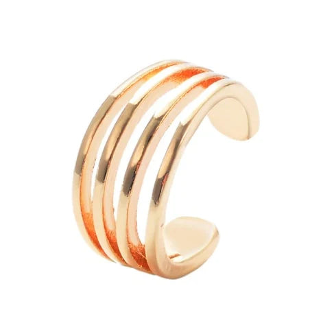 Elegant multilayered ear cuff in a lustrous golden tone, offering a stylish and versatile accessory for chic looks.