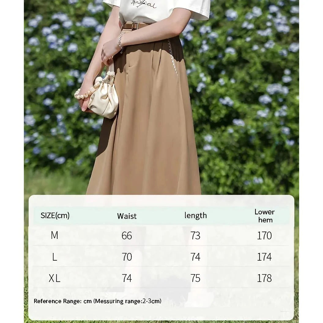 Elegant French-inspired high-waist embroidered A-line skirt in khaki color