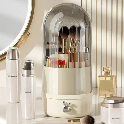 A 360-degree rotating makeup brush holder with a convenient drawer for storing brushes and other small makeup items