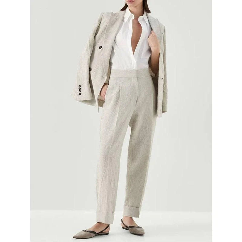 Elegant women's linen suit set with beaded blazer and straight trousers in various sizes