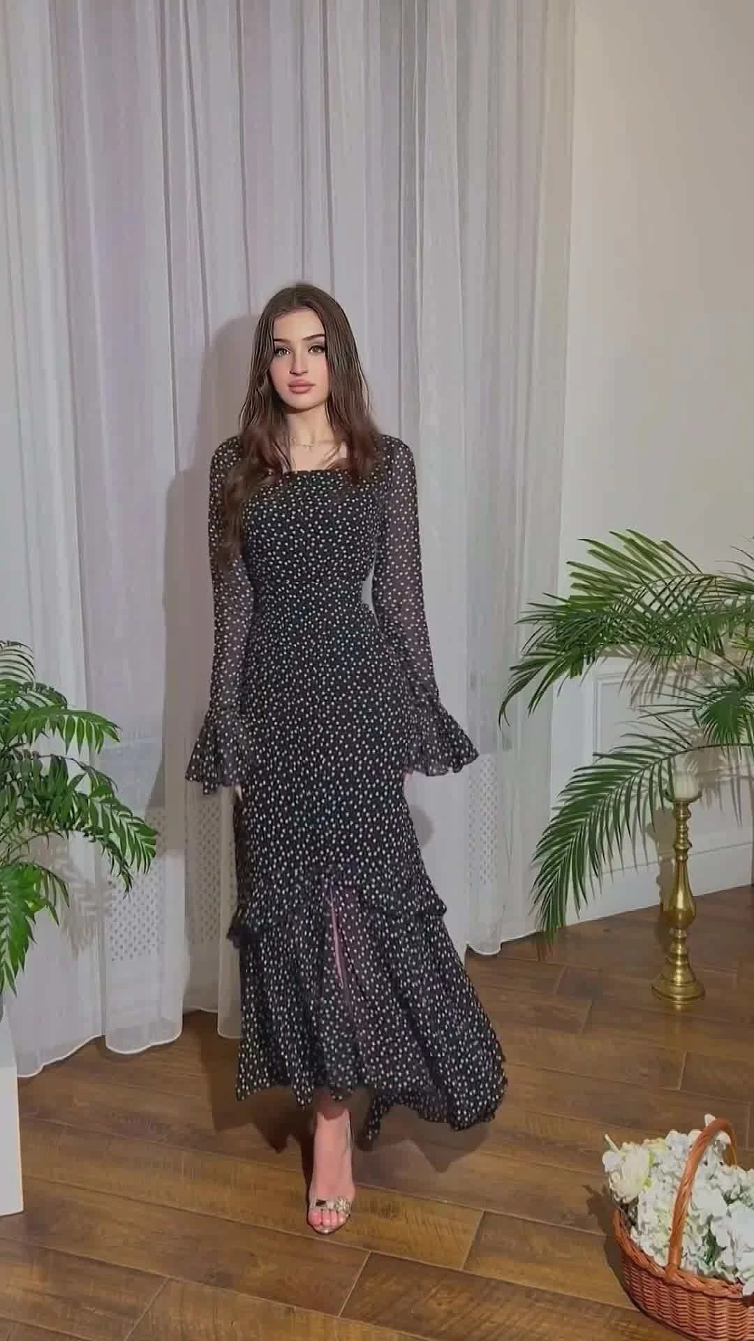 Elegant chiffon polka dot dress with flattering lotus leaf sleeves