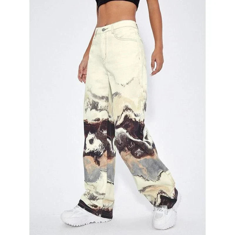 Stylish Korean tie-dye wide-leg high-waist jeans with a unique colorblock design, perfect for casual and office wear