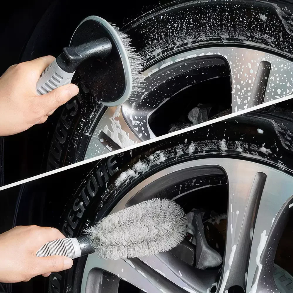 Effortless tire cleaning solution with Car Wheel Brush's unique L-shaped design, anti-slip handle, and convenient storage for a pristine car appearance.