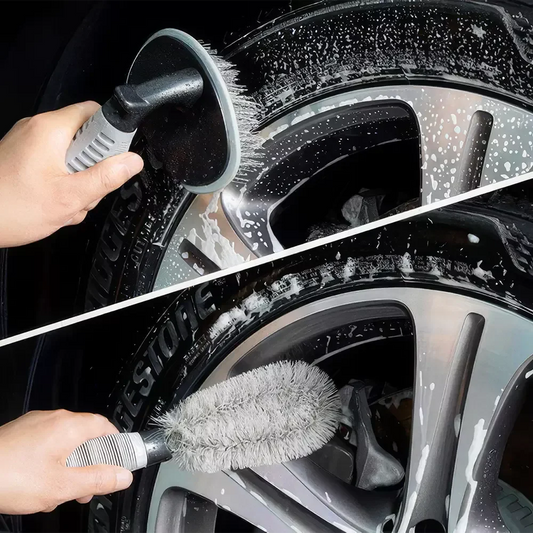 Effortless tire cleaning solution with Car Wheel Brush's unique L-shaped design, anti-slip handle, and convenient storage for a pristine car appearance.