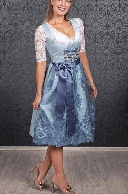 Bavarian-inspired 3-piece women's outfit with A-line skirt, pullover top, and jacquard pattern in sapphire blue color