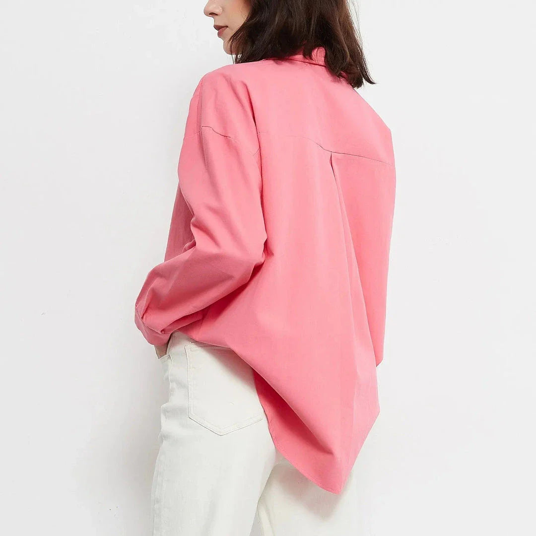 Autumn Rose Red Oversized Casual Blouse with classic turn-down collar and two-button closure