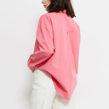 Autumn Rose Red Oversized Casual Blouse with classic turn-down collar and two-button closure