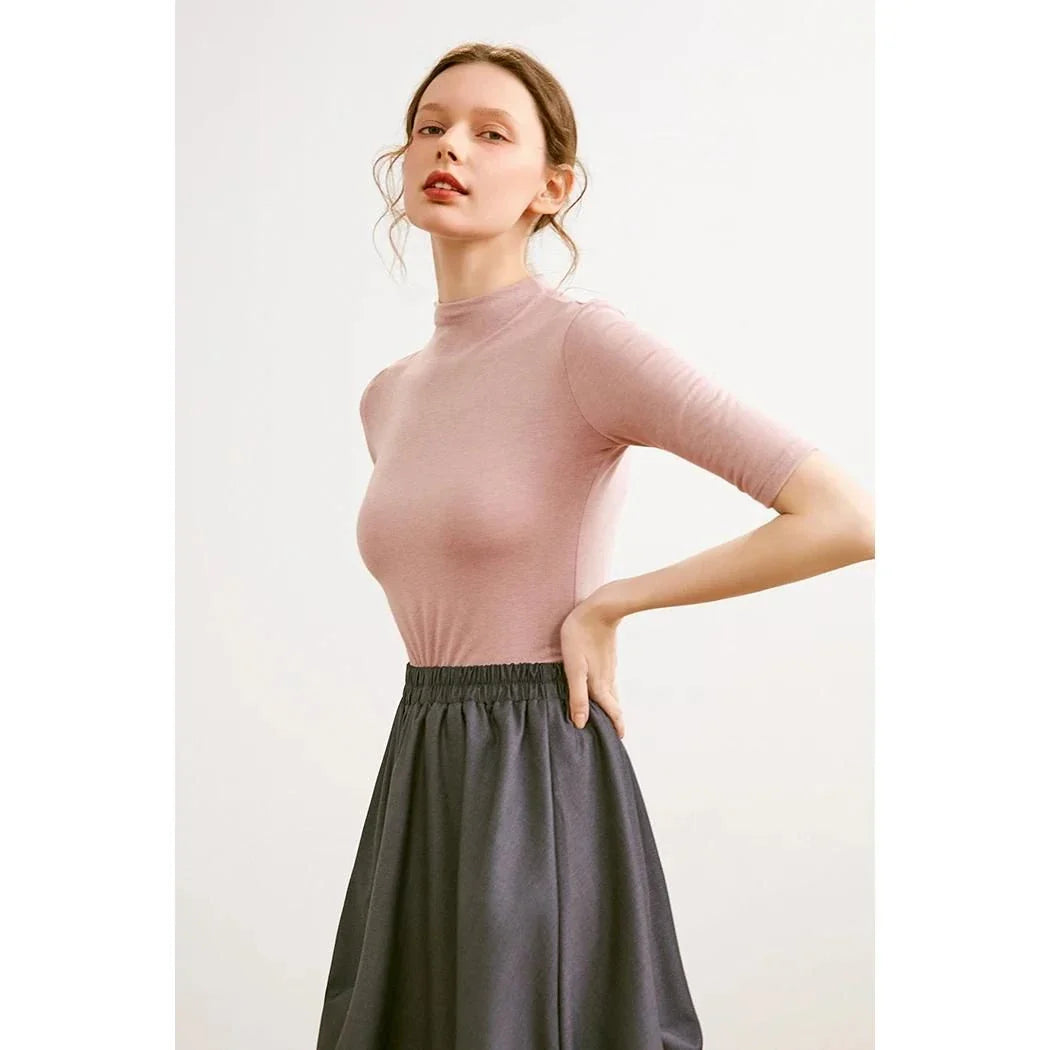 Women's Mock Neck Wool Blend T-Shirt in Pink by Trendha, featuring a sleek silhouette and classic design for elegant, comfortable wear.