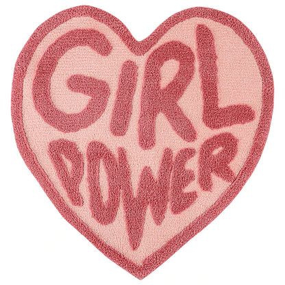 Cozy pink heart-shaped tufted rug with 'GRL PWR' message, perfect for girls' rooms, dressing rooms, and bathrooms