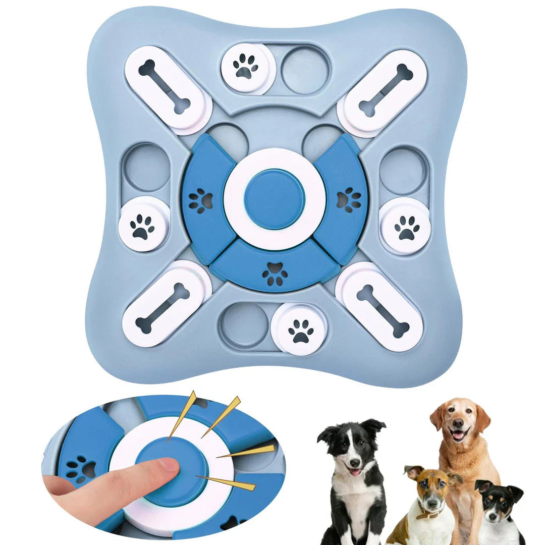 Interactive slow feeder dog toy with sounding device, durable non-toxic materials, and non-slip base for mental stimulation and healthy eating