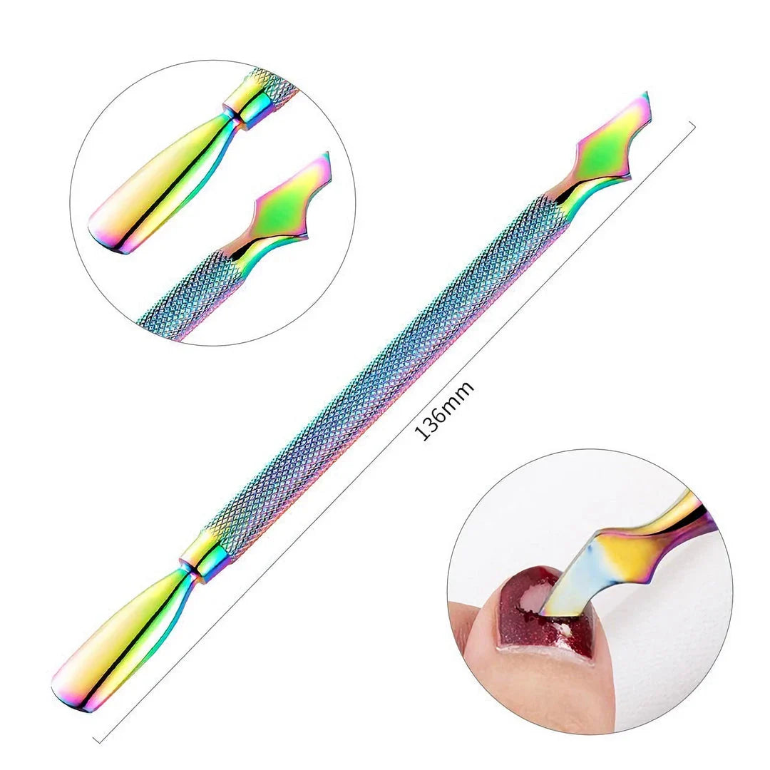 Premium stainless steel chameleon rainbow dual-ended cuticle pusher for salon-quality nail care at home