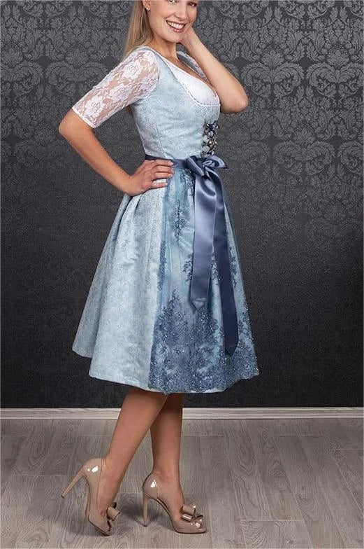 Bavarian-inspired 3-piece women's outfit with A-line skirt, pullover top, and jacquard pattern in sapphire blue color