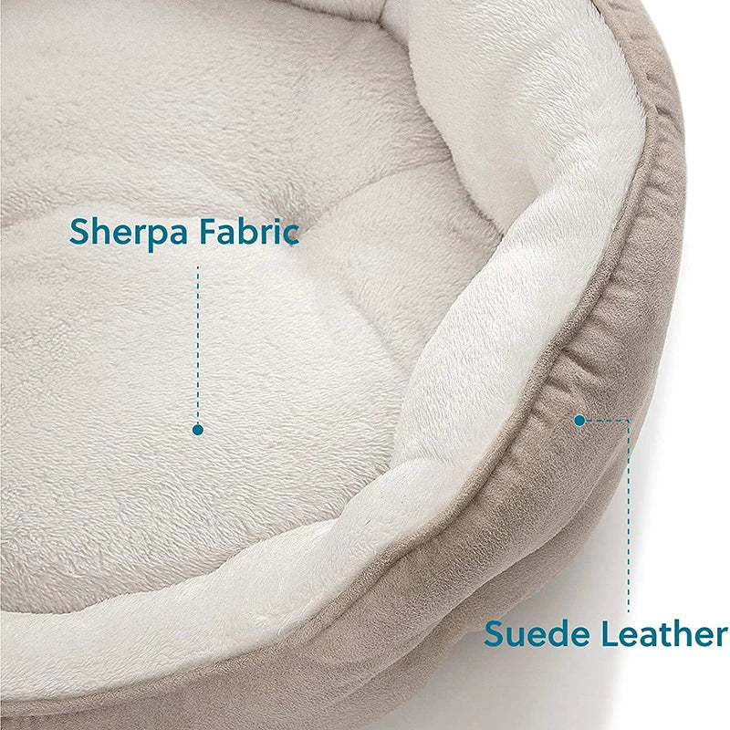 Cozy round small pet bed in beige color, made of soft microfiber fleece for ultimate comfort and relaxation