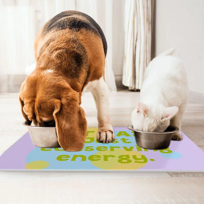 Themed anti-slip pet food mat with motivational quote, made of durable polyester and rubber for easy cleaning and non-slip use