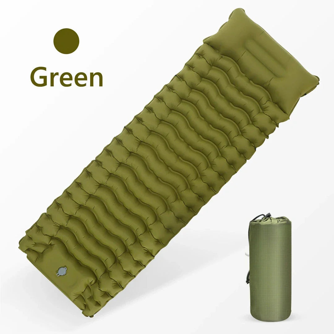 Inflatable camping mattress with built-in pillow and pump for comfortable outdoor sleeping