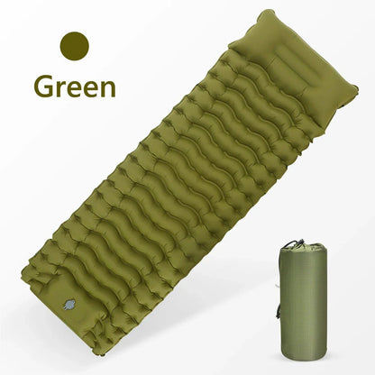 Inflatable camping mattress with built-in pillow and pump for comfortable outdoor sleeping
