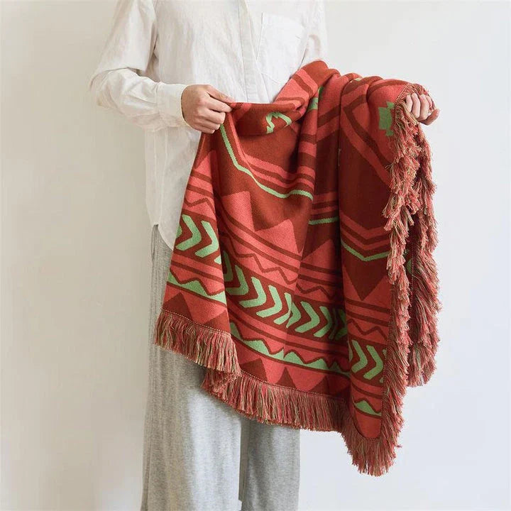 Luxurious Indian Tribal Geometric Pattern Throw Blanket with Fringes for Cozy Home Decor