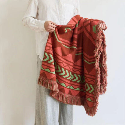 Luxurious Indian Tribal Geometric Pattern Throw Blanket with Fringes for Cozy Home Decor