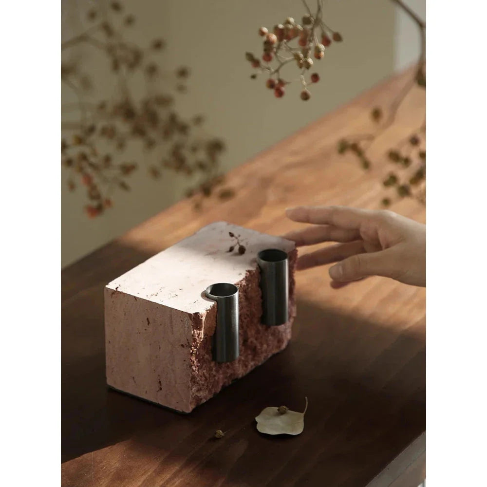 Elegant minimalist red travertine vase with natural stone texture and European-inspired design, perfect for rustic home decor