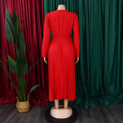 Luxurious long sleeve pleated Africa dress with lace-up neckline, available in multiple colors and sizes
