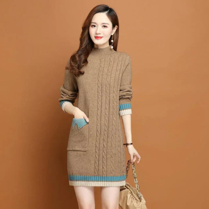 A mid-length knit dress with a cozy half-turtleneck, made of soft polyester fabric for all-day comfort and style.