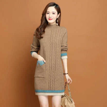 A mid-length knit dress with a cozy half-turtleneck, made of soft polyester fabric for all-day comfort and style.
